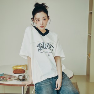 쥬시쥬디 여성용 브이넥 우븐 믹스 티셔츠 JZTS321F