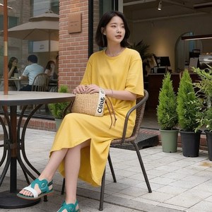 사이드 턱 루즈핏 롱 여름 원피스 반팔 휴양지 77 88 빅사이즈 면 3040