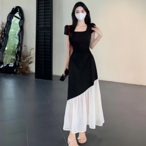 여자 여름 패션 슬림핏 언발란스 반팔 롱 원피스 9023