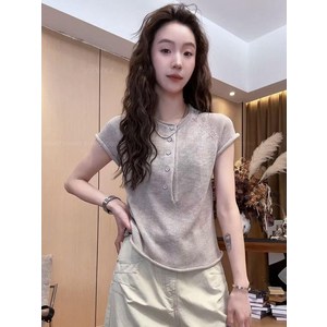 올덤 에니 라운드넥 티셔츠 버튼 카키 S