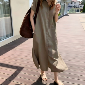 루스리더 여성 카라넥 반팔 면마 스트링 롱 원피스 RZ7