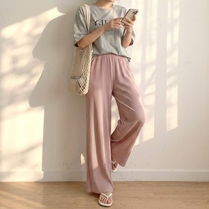 네모엔룩 아이스찰랑와이드 여성용 루즈핏 쿨감 세로 플리츠 허리밴딩 노스티키 링클프리 체형커버 여름 와이드밴딩 팬츠
