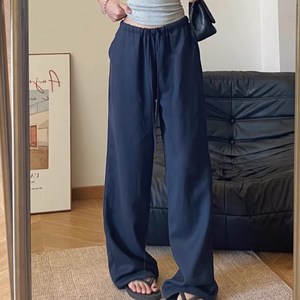 SUNALIFE 여성 여름 면혼방 와이드 밴딩 팬츠 롱 통바지 포켓