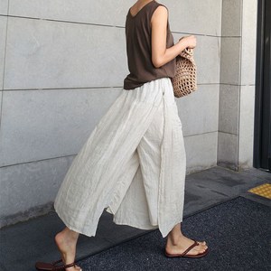 AOKADA 여성 린넨 와이드 치마바지 레이어드 면 마 여름 슬랙스