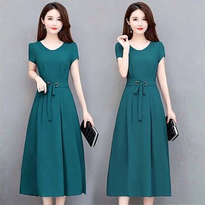 중년 여성 여름 신상 반팔 원피스 플레어 슬림핏 날씬해 보임 미디 우아한 벨트 라운드넥 캐주얼 솔리드 컬러 데일리 원피스