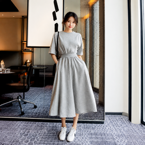 여성 허리밴딩 플레어 롱원피스 반팔 데일리 원피스