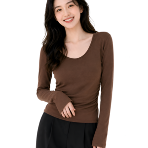 벨에라 여성 슬림핏 사이드 셔링 라운드넥 긴팔 티셔츠