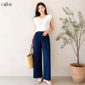 여성 쿨링 플리츠 팬츠 여름 찰랑 밴딩 와이드 바지