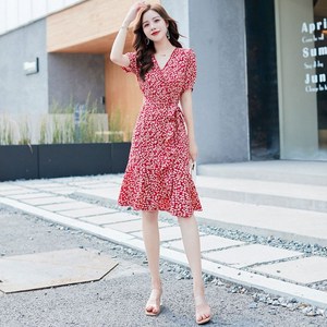 NEWJGHFL 중년여성 플라워 랩원피스 여름 브이넥 반팔 허리끈 A라인 미디원피스 데일리 휴양지 원피스