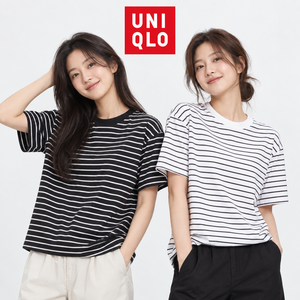 유니클로 에어리즘 코튼 스트라이프 여성 반팔 티셔츠 (일본매장판)