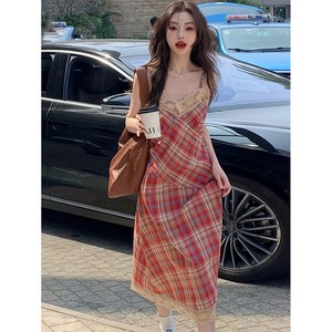 HAAN 빈티지 체크 나시 원피스 여름 프랑스식 감미로운 레이스 레이스 접합 V넥 롱 스커트