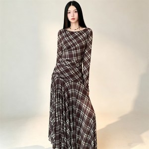 Jerac 여성용 가을 긴 소매 체크 패턴 원피스 슬림핏 심플 스타일