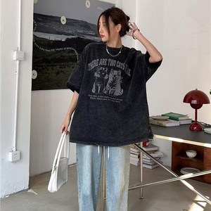 티니플럼모드 남녀공용 오버핏 피그먼트 워싱 고양이 프린팅 빅사이즈 반팔 티셔츠