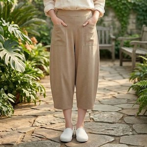 인피어스 여성용 중년 빅포켓 항아리 7부 배기핏 밴딩팬츠