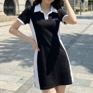 배색포인트 반팔 카라 미니 원피스