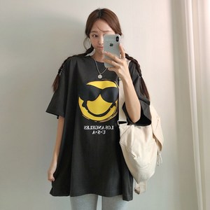 러브앤시티 국내생산 남녀공용 썬글라스 반팔티 스마일 오버핏 티셔츠 박스티 라운드넥